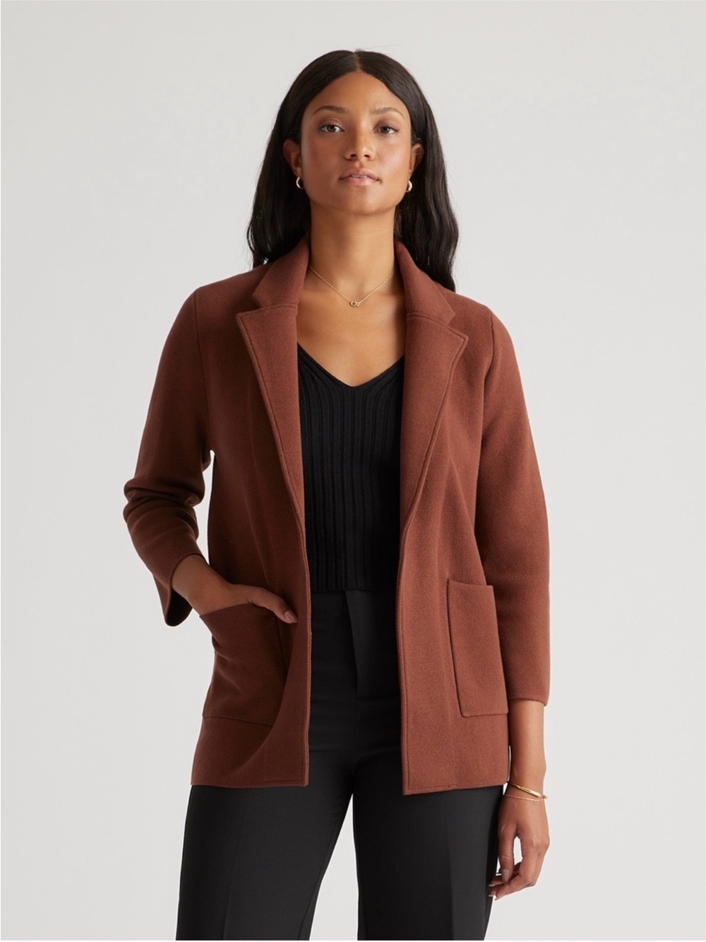 Quince Organic Cotton Knit Open-Front Blazer in Cappuccino